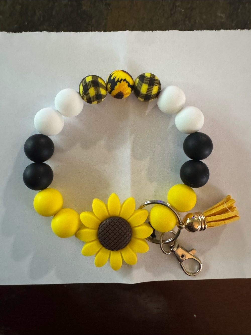 Sunflower Beaded Keyring Bracelet for Kids - Yellow Black White